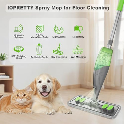 Spray Mop for Floor Cleaning - Wet Dry Mops for Multi-Surfaces | 3 Microfiber Washable Pads Compatible With Swiffer Powermop, 500+ ML Refillable Bottle, 360° Swivel Head, Grey Green - color: Gray Green
