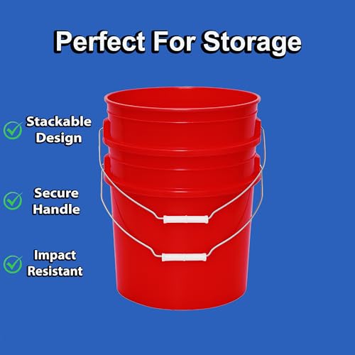 MKS Plastics 5-Gallon Bucket with Airtight Lid – Made in USA, Food Grade BPA Free Plastic, Heavy Duty Multi-Use, Metal Handle with Grip, Stackable Storage – Red, 3 Pack - color: Red, size: 3