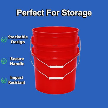 MKS Plastics 5-Gallon Bucket with Airtight Lid – Made in USA, Food Grade BPA Free Plastic, Heavy Duty Multi-Use, Metal Handle with Grip, Stackable Storage – Red, 3 Pack - color: Red, size: 3