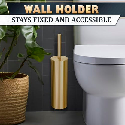 Gold Toilet Brush and Holder Set with Wall Mount - Modern Wall Mounted Toilet Brush Made from Corrosion-Resistant Stainless Steel - Removable Inner Bowl, Splash Protection & Dense Bristles Supplied - color: Gold Wall-mounted