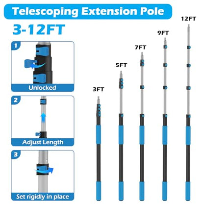 16FT Reach High Ceiling Duster Kits with 3-12FT Adjustable Pole - Includes Extra Long Duster, High Ceiling Duster, Rotatable Window Squeegee & Cobweb Duster for Ceiling Fans and Whole House Cleaning - color: Blue, size: 12FT