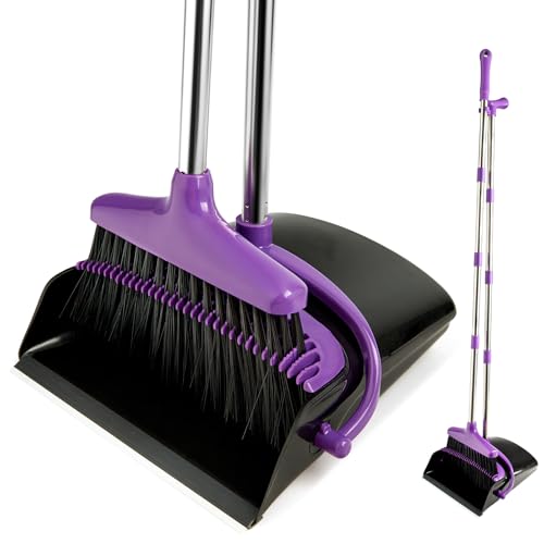 Broom and Dustpan Set with Long Handle, Light Weight Stainless Steel Poles Stand Upright Dustpans with Broom Combo for Home Kitchen Office Pet Dog Hair, 1-Pack (Purple) - color: Purple