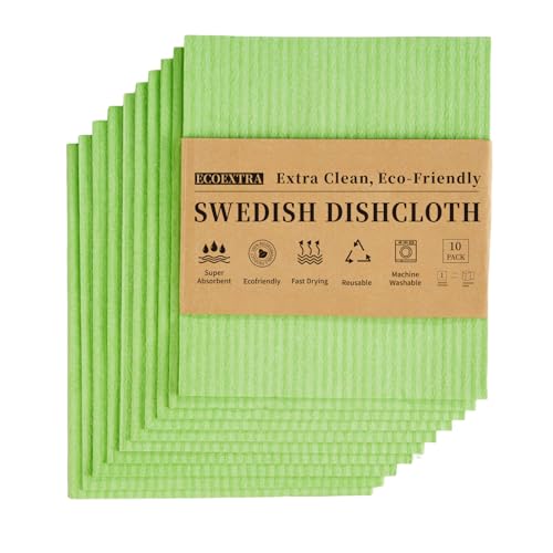 Swedish Dishcloths for Kitchen 10 Pack, Green Cellulose Sponge Cloths of Reusable Dish Cloths for Cleaning,Super Absorbent Dish Towels for Washing Dishes - color: Green