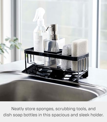 Yamazaki Home Tower Self-Draining Sponge and Soap Bottle Rack, Kitchen Sink Organizer Metal Holder with Removable Tray - Steel - color: Black