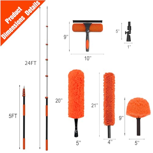 30FT Reach Duster Kit, Window Cleaning with 5-24FT Telescoping Extension Pole, High Ceiling Duster, Microfiber Feather Duster, Cobweb Duster, Window Squeegee, Feather Duster, Extendable Pole Kit - color: Orange, size: 24FT
