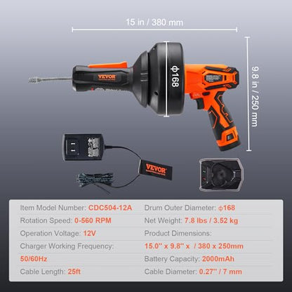 VEVOR 12V Electric Drain Auger, 25FT Cordless Plumbing Snake Auto Feed, Pipeline Snake Drain Clog Remover with Power Drill for 3/4"-2" Pipes, 2.0Ah Battery and Charger Included - style: Electric Auto-Feed
