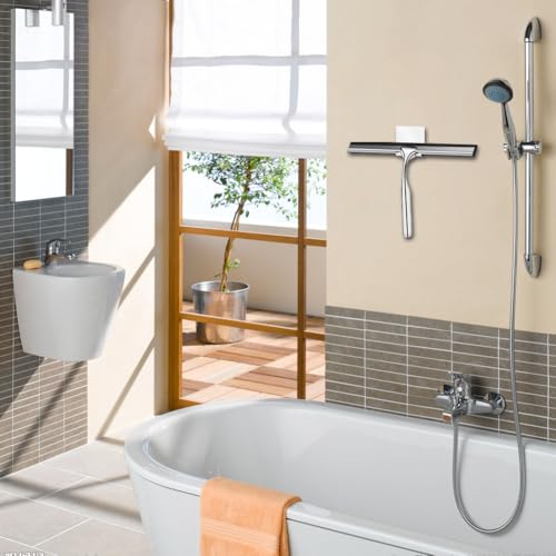 Shower Squeegee for Glass Doors Stainless Steel with Self Adhesive Hook Window Squeegee for Shower Door Bathroom Mirror Wiper, Window Glass Cleaning - size: 14 inches