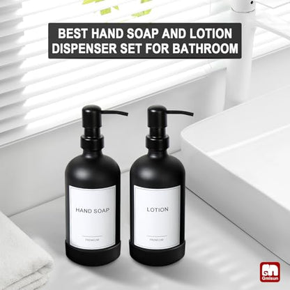 GMISUN Black Soap Dispenser with Silicone Sleeve Boot, 2 Pack Glass Bathroom Hand Soap Dispensers with Stainless Steel Pump, 17 Fl Oz Kitchen Hand and Dish Soap Dispenser Set, Liquid Dispensers Bottle - color: Black Bottle + Black Pump + Silicone Boot, si