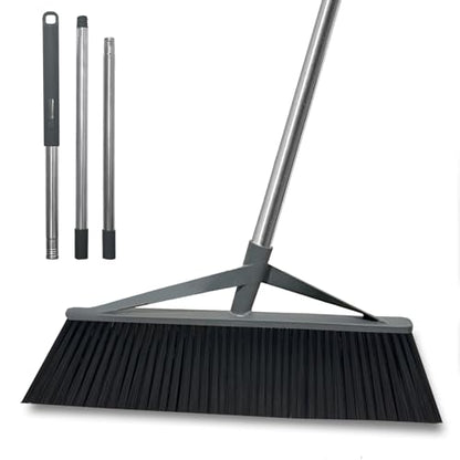 17.7inch Wide Large Broom for Sweeping Indoor or Outdoor, Whole Length 57inch Long Handle Heavy Duty Broom with Soft Bristle