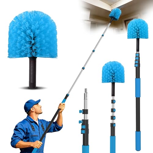 18FT Reach Cobweb Duster with Extension Pole - Spider Web Brush for Cleaning with 3-12FT 4-Section Flip-Lock Telescopic Pole, Effortlessly Cleans High Indoor & Outdoor Webs - color: Blue, size: 12FT