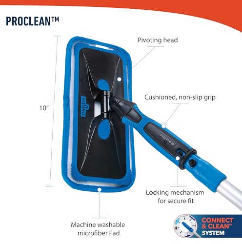 Unger Professional Indoor Window Cleaning Kit with 2' Pole — Swivel Head Pad Washer for Glass, Mirrors & Flat Surfaces, Streak-Free Results, 2 Reusable Microfiber Pads, Wet or Dry Use - size: 1 Count (Pack of 1), style: ProClean Window Cleaning Kit
