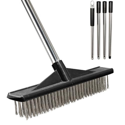 Heavy Duty Floor Scrub Brush Stainless Steel Wire Floor Scrubber with Long Handle Stiff Bristles Outdoor Push Broom for Cleaning Deck,Concrete,Patio,Boat,Moss Removal