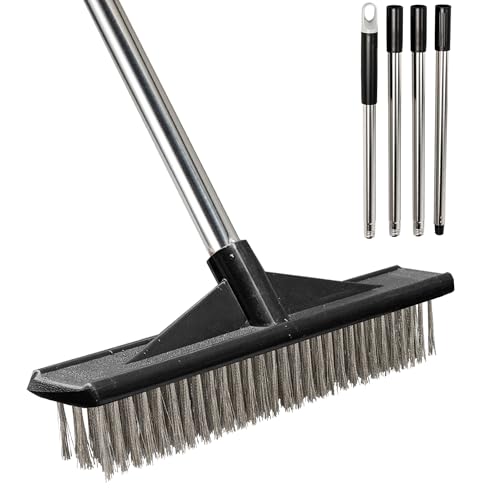Heavy Duty Floor Scrub Brush Stainless Steel Wire Floor Scrubber with Long Handle Stiff Bristles Outdoor Push Broom for Cleaning Deck,Concrete,Patio,Boat,Moss Removal