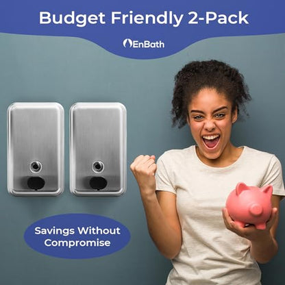 Commercial Soap Dispenser Wall Mount - 37oz (2-Pack), Heavy Duty, Stainless Steel Manual Soap Dispenser for Bathrooms with Corrosion Proof Lining and Anti-Leak, Patent-Pending Pump Design - size: 2-Pack