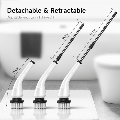 Electric Spin Scrubber - Cordless Cleaning Brush with 8 Replaceable Brush Heads and Adjustable Extension Handle, Power Dual Speed Shower Cleaning Scrubber for Bathroom, Tub, Tile, Floor, etc (White)