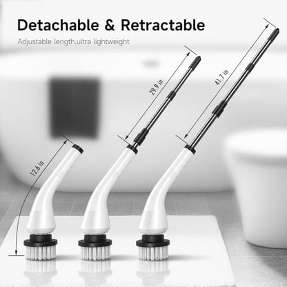 Electric Spin Scrubber - Cordless Cleaning Brush with 8 Replaceable Brush Heads and Adjustable Extension Handle, Power Dual Speed Shower Cleaning Scrubber for Bathroom, Tub, Tile, Floor, etc (White)