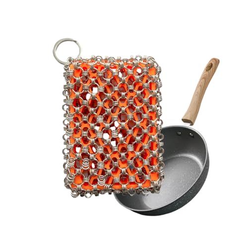 2026 Upgrade 316 Stainless Steel Pan Cleaner,4.5 Inch Triple-Ring Chain Mail Scrubber with Silicone Core, Cast Iron Pot Brush for Easier Removal of Stubborn Oil Stains & Food Residue–Orange - color: Orange