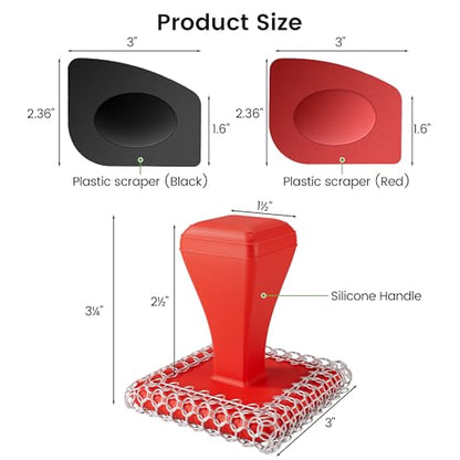 TOPULORS Cast Iron Scrubber Cleaner & 316L Stainless Steel Chainmail Scrubber with 2 Scrapers, Ergonomic Silicone Handle Brush for Pans Skillets Grills Dishes Cleaning - Non-Scratch Rust-Proof - Red