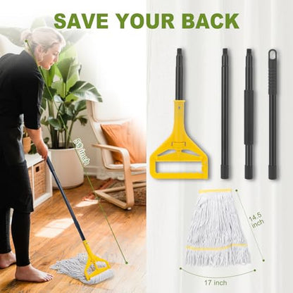 KeFanta 2 Pack Commercial Mop Heavy Duty,60 inch Long Handle Industrial Looped-End String Cotton Wet Mops for Home,Garage,Kitchen, Office, Workshop, Warehouse Floor Cleaning - size: 2 mop handle + 2 mop heads