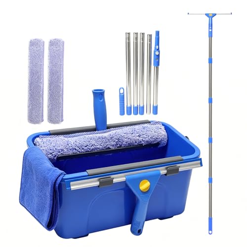 Window Cleaning Kit with 3 Gallon Bucket – 76" Long Hand Window Washing Tool Set for Home, Commercial & Car – 14" Squeegee + 15" Scrubber, Professional Grade Cleaner Equipment for High Windows