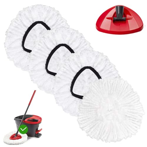 Mop Replacement Head - 4 Pack EasyWring Mop Refills Compatible with Triangle Spin Mop - Microfiber Mop Easy Cleaning Floor Head Mop for Floor Cleaning Includes 1 Rotating Mop Base - color: White, size: 4 Refills+1 Base（1 Tank System)