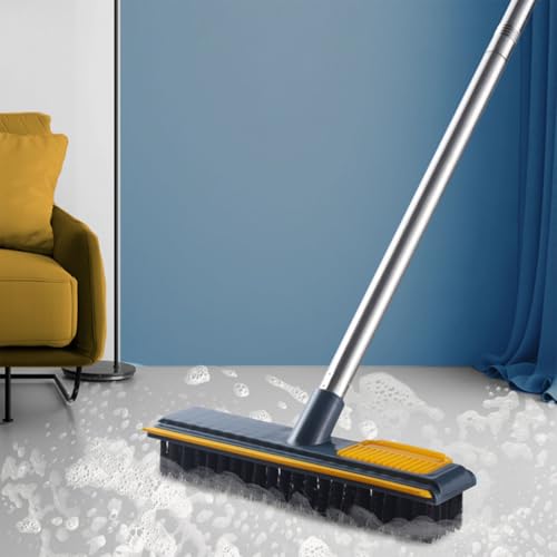 VALICLUD Floor Scrubber Brush with Telescopic Long Handle, 2-in-1 Stiff Bristle Scrape and Clean Brush for Bathroom and Floor Grout Cleaning, Blue Hard Hair Household Cleaning Tool