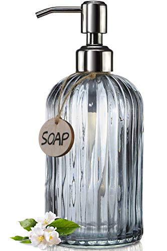 JASAI 18 Oz Vertical Stripes Kitchen Soap Dispenser with 304 Rust Proof Stainless Steel Pump, Refillable Liquid Soap Dispenser for Bathroom, Kitchen, Hand Soap, Dish Soap (Clear Grey) - color: Gray