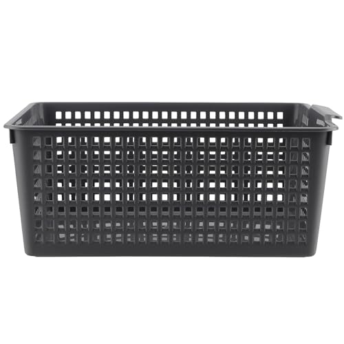 3 Pack Large Plastic Storage Baskets, 14.3 x 10.2 x 5.7 Inch Grey Storage Bins, Stackable Plastic Woven Basket Organizer Tray for Pantry Organization