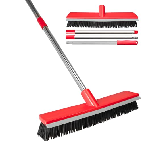 15.7 Inch Floor Scrub Brush Removable Stainless Steel Handle 2 in 1 Scrape Brush Stiff Bristle Shower Scrubber for Cleaning Patio Bathroom Garage Kitchen Wall Deck Tub Tile 52.4 inch Tall