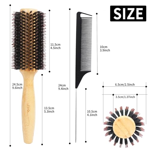 Vista Round Hair Brush with 10mm Boar Bristle 15mm Nylon Bristle Hairbrushes for Women Bamboo Hair Brush Styling with Tail Comb for Blow Drying, Shiny, Smooth, Long, Curly Hair - color: Large Bamboo