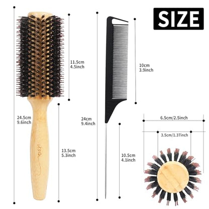 Vista Round Hair Brush with 10mm Boar Bristle 15mm Nylon Bristle Hairbrushes for Women Bamboo Hair Brush Styling with Tail Comb for Blow Drying, Shiny, Smooth, Long, Curly Hair - color: Large Bamboo