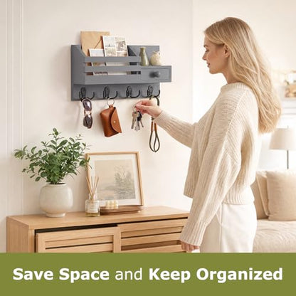 Key Holder Wall Mount, Wooden Adhesive Mail and Key Organizer with Drawer, Small Shelf, 8 Hooks, 2 Installation Methods, Gray - color: Gray