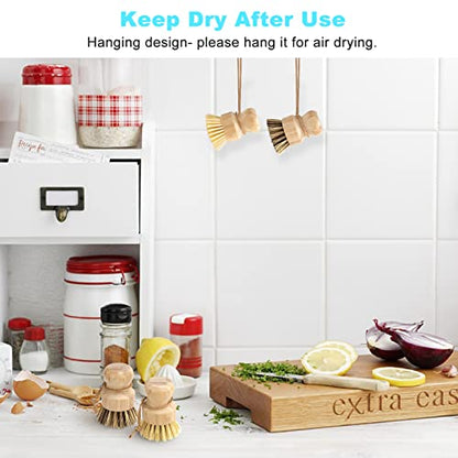 Aisuly Bamboo Dish Brush Set, 2 Pcs Palm Wooden Dish Scrubber Brush, Dish Brushes, Durable Wood Dishes Scrub Brush, Natural Round Vegetable Cleaning Pots Pans Sink Washing Kitchen Brush - size: 1p Palm+1p Sisal