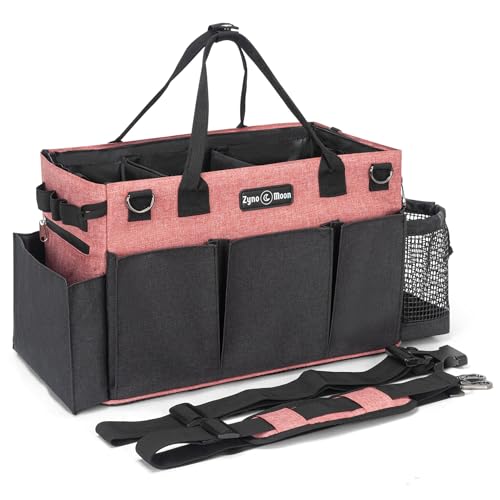 Wearable Cleaning Caddy – Portable Detailing Organizer with Spill-Proof Liner, Straps & Handles – Large Tote for Cleaning Pros, Auto Detailers, and Housekeepers – Red/Gray