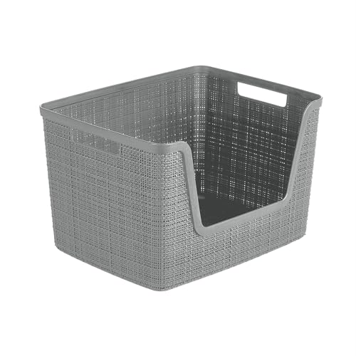 Curver Set of 4 Large 18L Easy Access Jute Decorative Plastic Organization and Storage Baskets - Perfect Bins for Home Office, Closet Shelves, Kitchen Pantry and All Bedroom Essentials, Grey - color: Grey, size: Large Easy Access