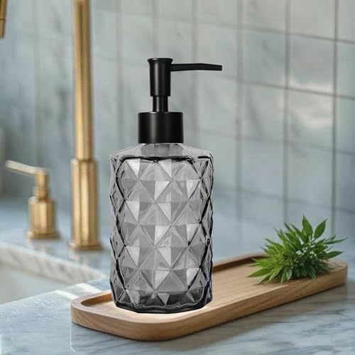 12Oz Small Glass Soap Dispenser with Black Plastic Pump, Gray Refillable Kitchen Countertop Liquid Hand Soap Dispensers with Diamond Design, Bathroom Lotion Bottle for Dispense Dish Soap, 2 Set - color: Gray Diamond 2pcs