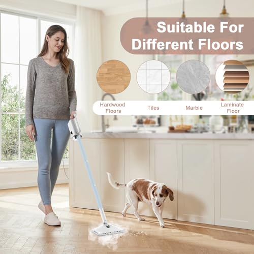 Steam Cleaner, 6 in1 Rotated Steam Mop Cleaner with 2 Modes, 2 Microfiber Pads, 400ML Removable Tank, 23FT Power Cable, Detachable Steam Mops for Floor, Laminate Floor, Tiles Cleaning (Ice Blue) - color: Ice Blue