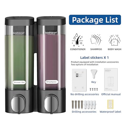 2 in 1 Shower Soap Dispenser, 2×300 ml Chamber Shampoo and Conditioner Dispenser Shampoo Dispenser for Shower Wall Mounted Shower Pump Soap Dispenser for Bathroom Kitchen (2 Chamber+Black) - color: 2 Chamber+black