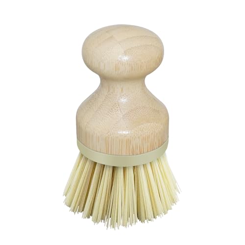 OGGI Natural Bamboo Dish Brush - Round Palm Dish Brush, Non-Scratch, Odorless Nylon Bristles, Durable Scrub Brush for Grease & Grime, Safe Cleaning Brush for Non-Stick Cookware - Khaki Accent Color - color: Khaki