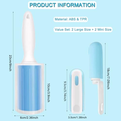 Reusable Washable Lint Roller 4 Pack, Sticky Gel Lint Rollers, Cat Dog Pet Hair Lint Remver Cleaner for Clothes, Carpet, Travel, 2 Large Roller with Dust Cover and 2 Mini Portable Small Lint Brush - size: 2 Large+2 Mini