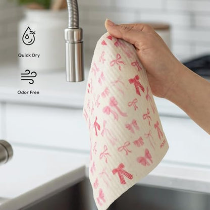 RECYCO Swedish Dishcloths for Kitchen | 6 Packs Lovely Bows Washable Dish Rags | Cellulose Reusable Cleaning Paper Towels | Absorbent Counter Dish Cloth Sponge Kitchen Wipes, 8" L x 7" W - color: Lovely Bows - 6 Pack
