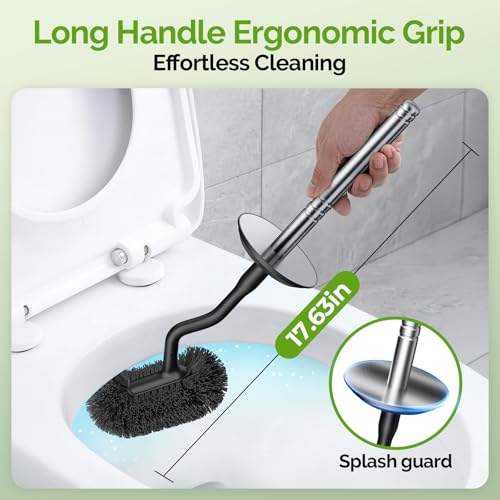 HAMITOR Toilet Brush and Holder Set: 304 Stainless Steel Heavy Duty Bowl Cleaner Brush - Deep Cleaning Under Rim Curved Bristle - Space Saving Wall-Mounted for Home RV Bathroom Accessories Silver
