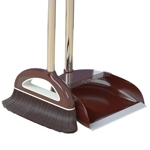 Broom and Dustpan Set, Long Handle Broom with Stand Up Dustpan Combo Set, Light Weight Stainless Steel Poles Stand Upright Dustpans and Broom Set, Broom with Dustpan for Home Kitchen Room - color: Coffee