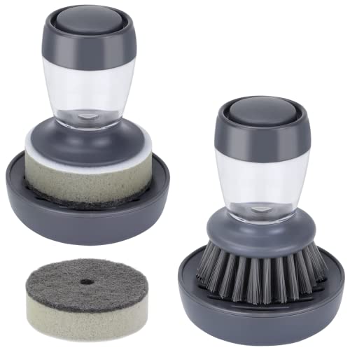 DAPOWER Dish Brush with Soap Dispenser, Kitchen Scrub Brush for Dishes Pots Pans Sink Cleaning, Dish Scrubber with Holder Set (Grey 2-Pack Combo Set) - color: Grey 2-pack Combo Set