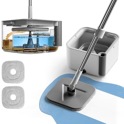 Masthome Spin Mop and Bucket with Wringer Set, Clean Dirty Water Separation, 360° Rotating Floor Mop with Adjustable Stainless Steel Handle, Reusable Pads for Hardwood Tile Laminate Home Cleaning - color: Grey-large
