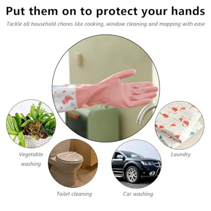 1 Pair Rubber Gloves, Reusable | Waterproof, Wavy Edged Extended Cleaning Gloves, Suitable For Daily Household Cleaning Use (Pink)
