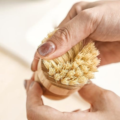 2 Pcs Bamboo Dish Brush, Palm Round Mini Pot Brush Natural Scrub Brush Durable Scrubber Cleaning Kit with Union Fiber for Cleaning Pots and Pans