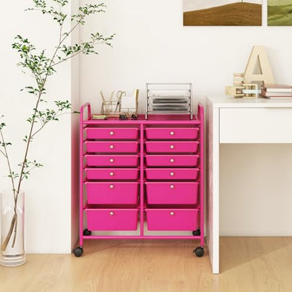 DREAMADE Rolling Cart with Storage Drawers, Utility Cart with Removable Plastic Drawers, Lockable Wheels, Art Cart for Classroom Organization Art Supplies Office Scrapbook (12 Drawers, Hot Pink) - color: Hot Pink, style: 12 Drawers