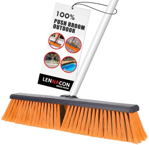 18" Push Broom Outdoor Heavy Duty, Snow Broom with Long Handle, Shop Broom Garage Push Broom for Garden, Patio, Garage, Bathroom, Kitchen, Tub, Carpet, Tile, Deck, Concrete, Industrial (Orange White) - color: Organe Bristles With White Handle
