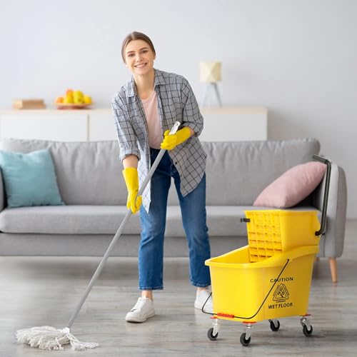 38 Quart Mop Bucket with Down Press Wringer on Wheels, Rolling Floor Cleaning Bucket with Handle, Commercial Cleaning System (Yellow) (Yellow) - color: Yellow
